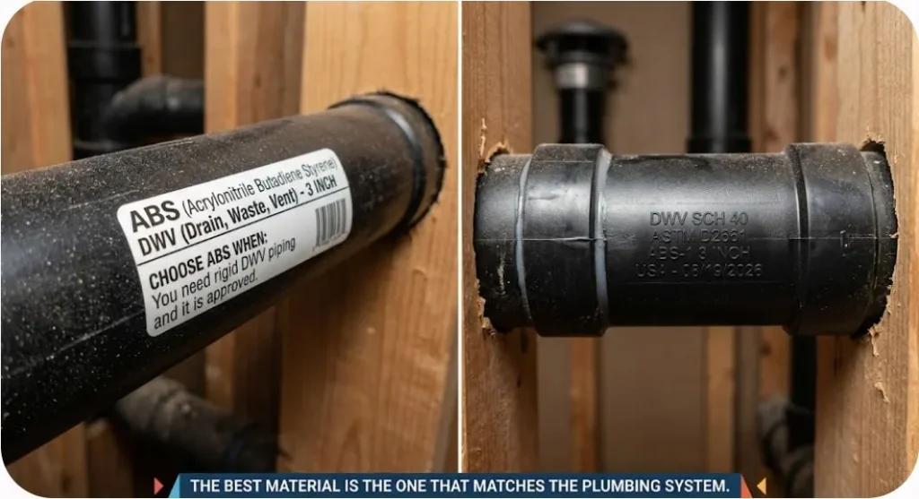 A two-panel photo composite showing detailed close-ups of black ABS plumbing pipe in a construction site. The left panel shows a white label on a horizontal 3-inch pipe, reading: 'ABS (Acrylonitrile Butadiene Styrene) DWV (Drain, Waste, Vent) - 3 INCH'. It includes text: 'CHOOSE ABS WHEN: You need rigid DWV piping and it is approved.' and a barcode. The right panel is a closer shot of another 3-inch ABS pipe, featuring detailed embossed specifications on the pipe surface: 'DWV SCH 40 ASTM D2661 ABS-1 3 INCH USA 08/19/2026'. Both panels show the pipe integrated into raw wood framing. A central text banner at the bottom states: 'THE BEST MATERIAL IS THE ONE THAT MATCHES THE PLUMBING SYSTEM.