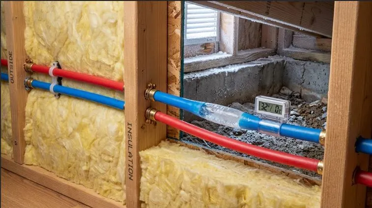 PEX pipe with frozen water inside during freezing temperatures