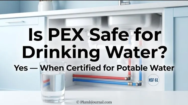 Red and blue PEX tubing connected beneath a kitchen sink with a glass of drinking water