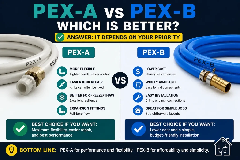 PEX-A vs PEX-B comparison showing PEX-A flexibility and PEX-B affordability