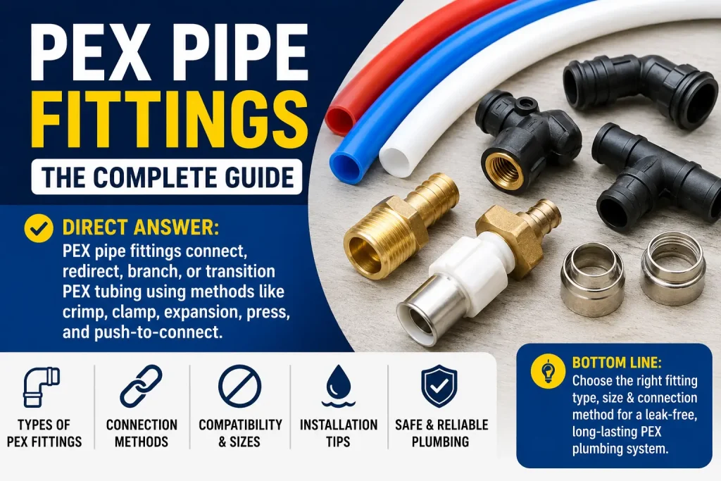 PEX pipe fittings, including elbows, tees, adapters, and crimp fittings