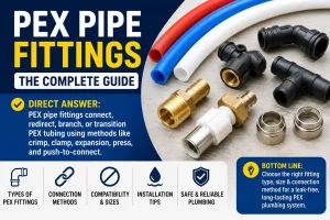 PEX pipe fittings, including elbows, tees, adapters, and crimp fittings