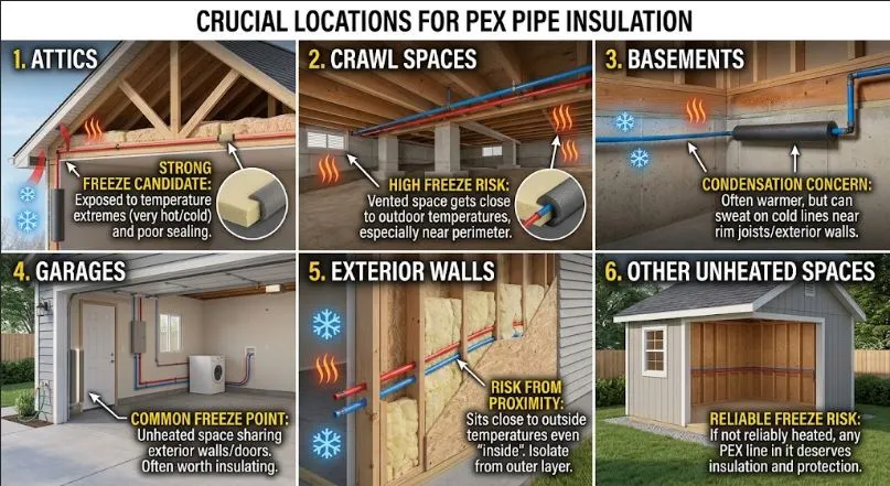 An infographic illustrating critical locations for PEX pipe insulation in a residential home, covering attics, crawl spaces, basements, garages, exterior walls, and other unheated spaces, highlighting risks like freezing and condensation.
