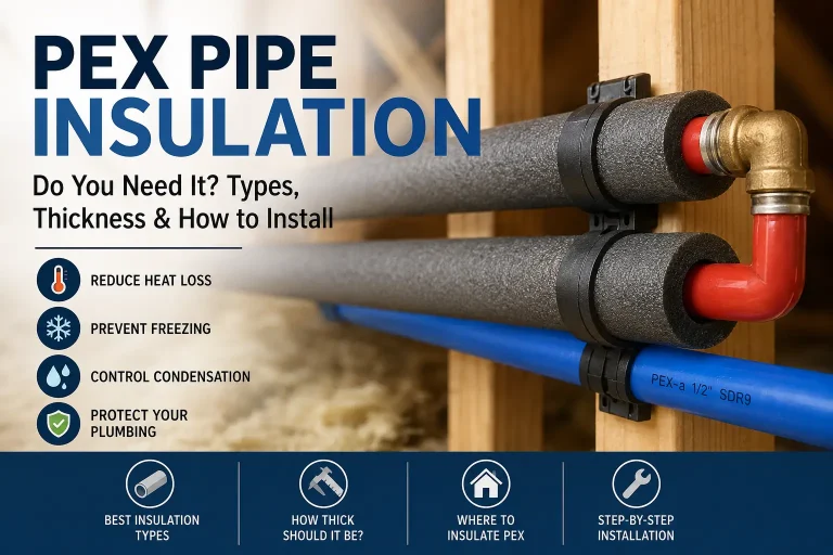 PEX pipes covered with foam insulation in a residential plumbing installation