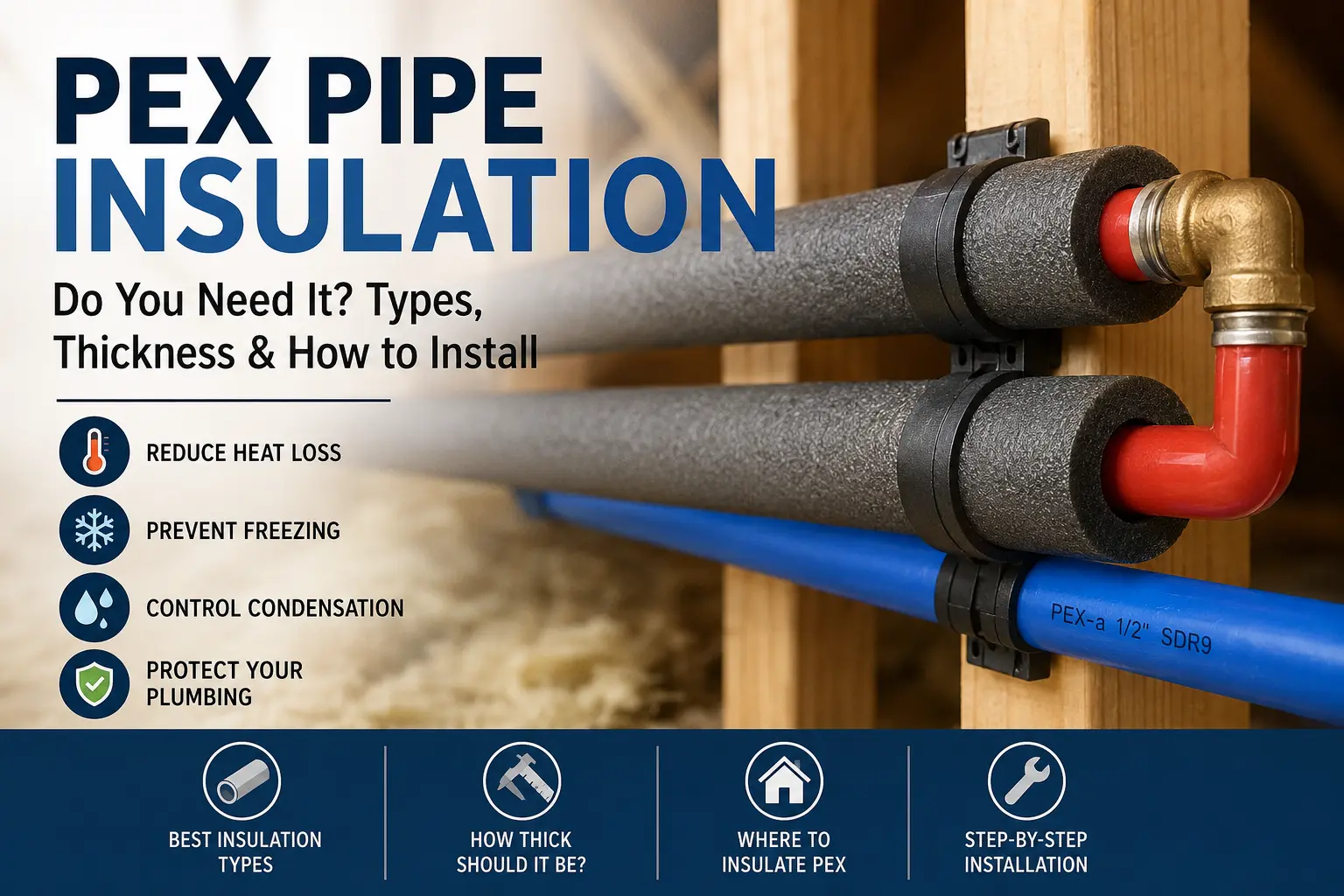 PEX pipes covered with foam insulation in a residential plumbing installation