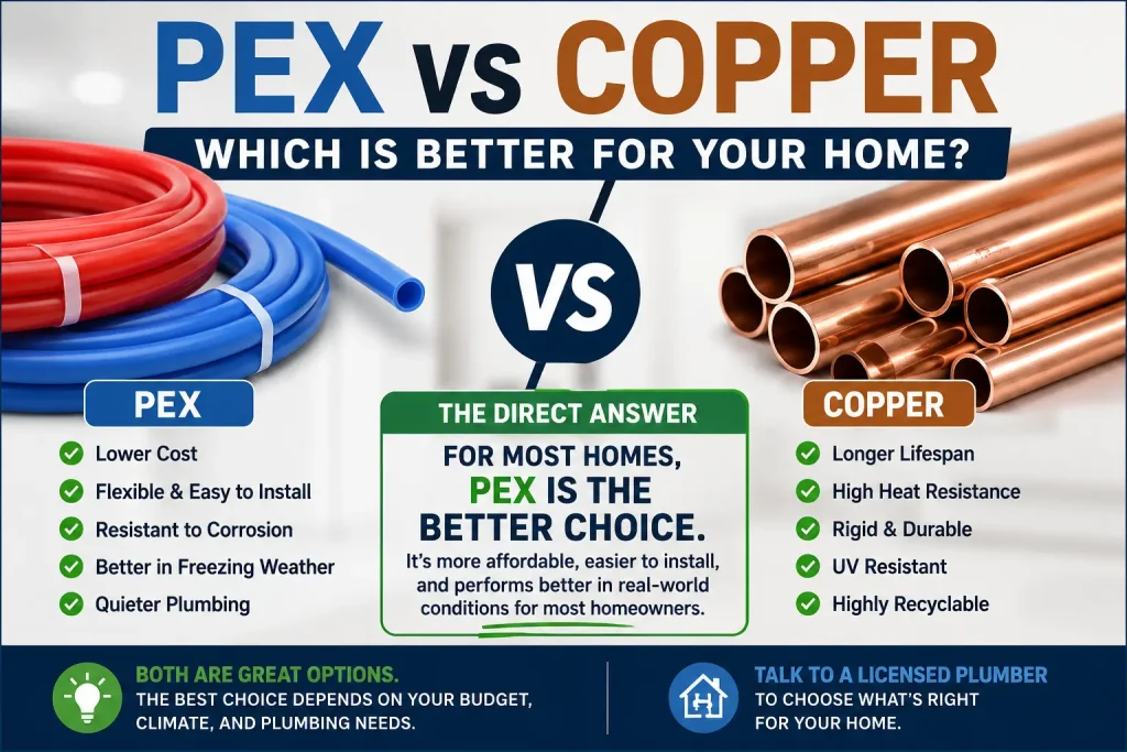 PEX vs copper plumbing comparison showing the benefits of each pipe material