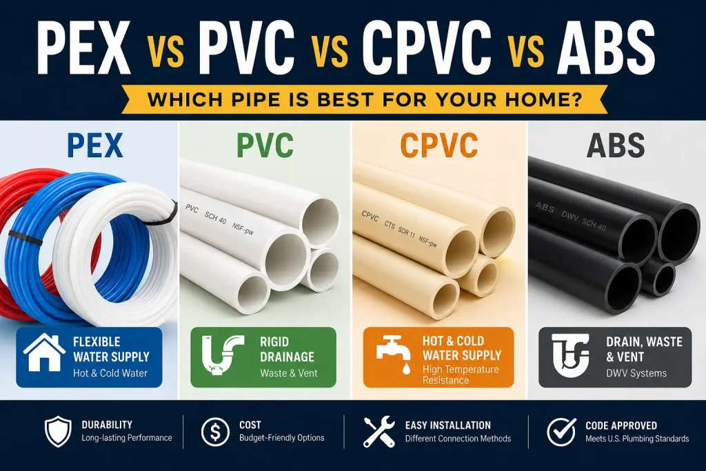 Comparison of PEX, PVC, CPVC, and ABS pipes for residential plumbing