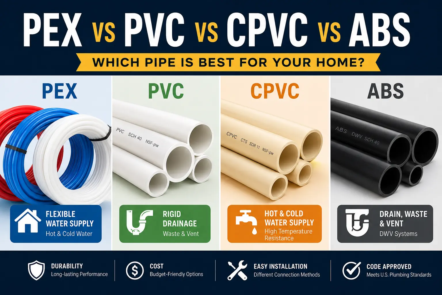 Comparison of PEX, PVC, CPVC, and ABS pipes for residential plumbing