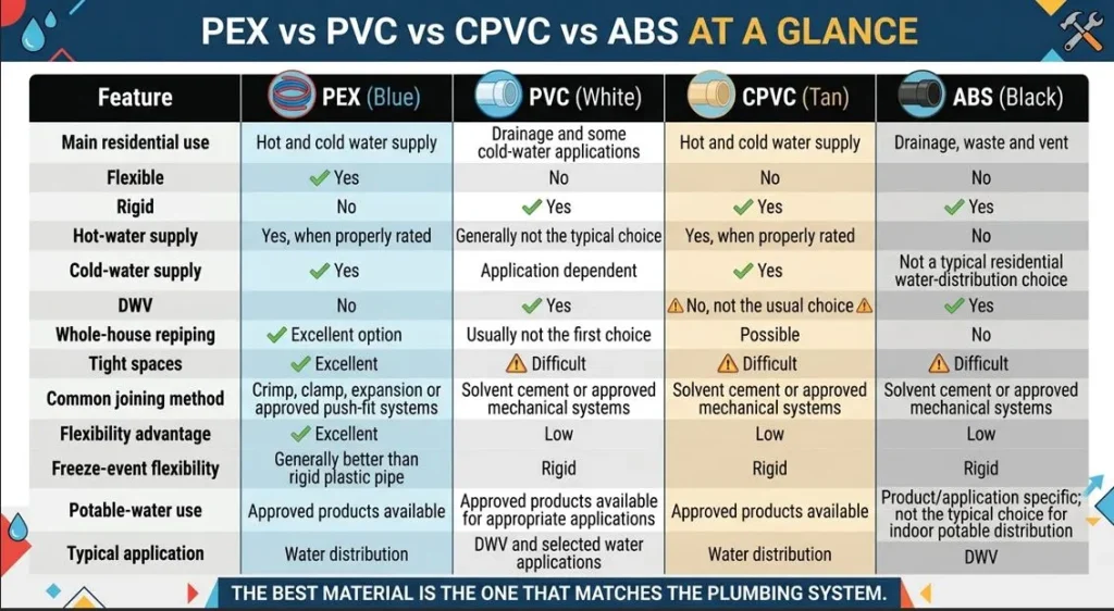 A detailed comparison chart titled "PEX vs PVC vs CPVC vs ABS AT A GLANCE" which highlights the features, uses, and joining methods for each of the four main types of residential plumbing pipes.