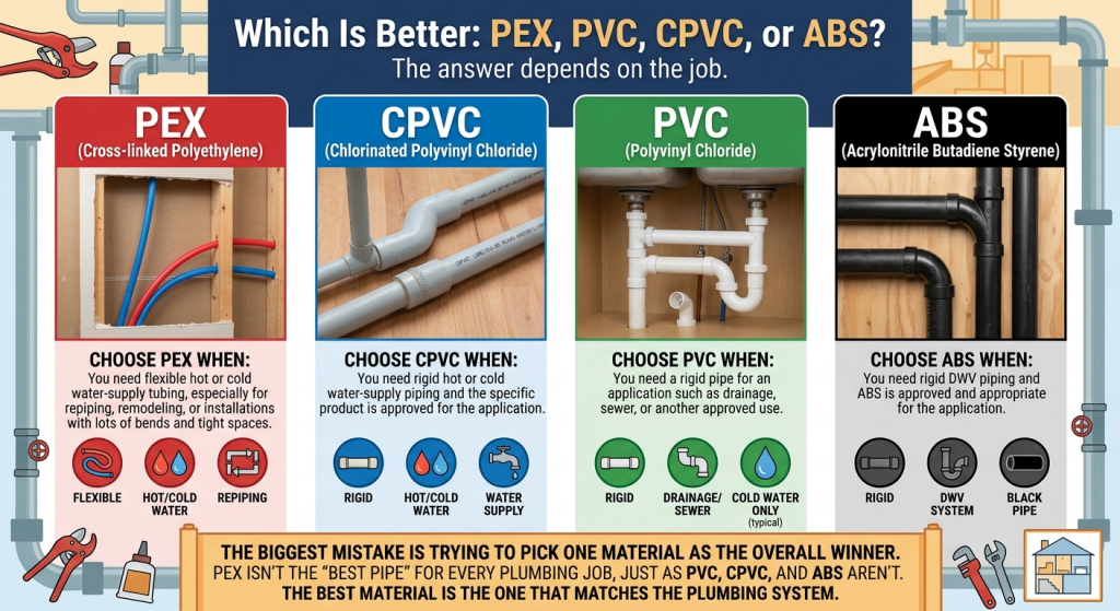 Detailed infographic comparing PEX, PVC, CPVC, and ABS plumbing pipes. The image includes a header reading 'Which Plumbing Pipe is Better? It Depends on the Job.' and features four columns outlining specific use cases. Section 1 shows blue/red coiled PEX used for flexible water lines in a framed wall. Section 2 shows beige CPVC used for rigid hot/cold supply near a water heater. Section 3 shows white PVC used for drainage in an underground trench. Section 4 shows black ABS used for sink drain, waste, and vent (DWV) systems. A banner at the bottom states, 'The best material is the one that matches the plumbing system.