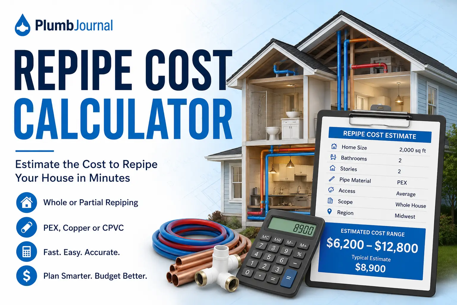 Calculator and house floor plan representing a repiping cost estimate