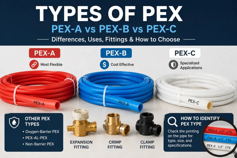 Types of PEX showing PEX-A, PEX-B, PEX-C, PEX fittings, and other PEX tubing types