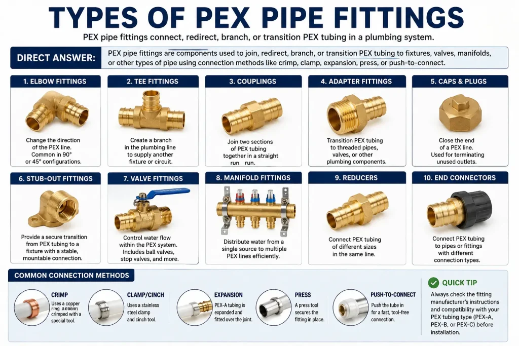Types of PEX pipe fittings including elbows, tees, couplings, adapters, valves, and manifolds