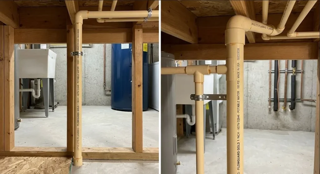 A two-panel diptych image. The left panel shows a wide-angle view of exposed wood stud framing in a basement mechanical room. Light-beige uPVC pipes are integrated into the wall, leading to upper floor joists. A utility sink and a blue water heater tank are in the background against a concrete foundation. The right panel is a tight close-up focusing on the same uPVC pipes, revealing a metal clamp and clearly legible text printed on the vertical riser: 'UPVC CTS PLUMBING FLOWGUARD GOLD 1 INCH - ASTM D2846 POTABLE WATER - 100 PSI - MADE IN USA 08/25/2026'. Horizontal pipes connect with a tee fitting.