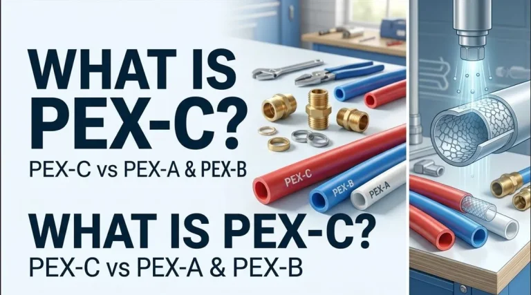 A professional comparison image showing PEX-C, PEX-B, and PEX-A plumbing pipes on a workbench, with a detailed illustration of the E-Beam Irradiation manufacturing process and cross-linked structure.