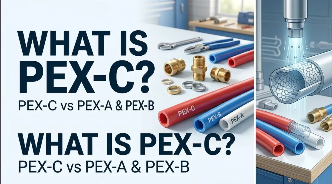 A professional comparison image showing PEX-C, PEX-B, and PEX-A plumbing pipes on a workbench, with a detailed illustration of the E-Beam Irradiation manufacturing process and cross-linked structure.