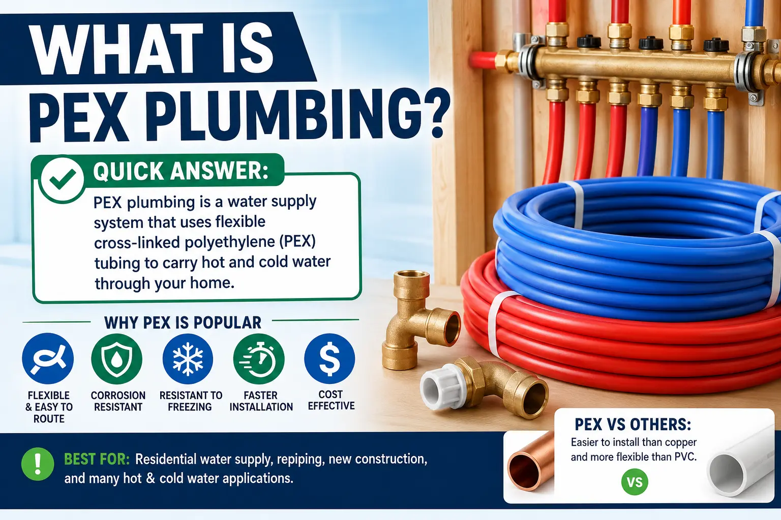 What is PEX plumbing showing flexible PEX tubing for hot and cold water