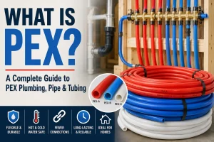 PEX plumbing with red and blue PEX pipes, tubing coils, and a brass manifold