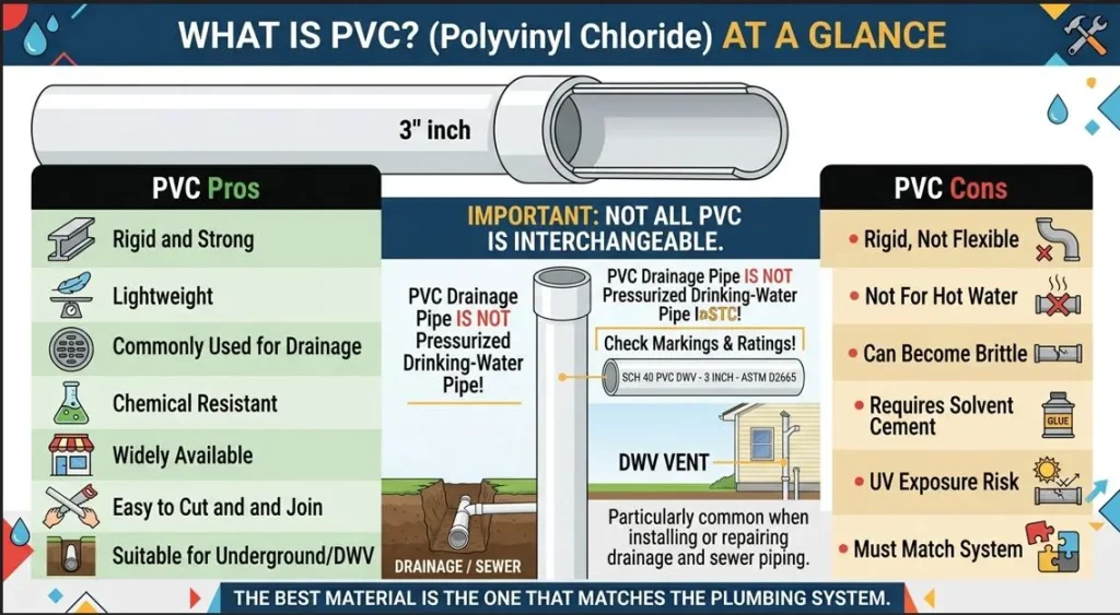 An informative infographic titled "WHAT IS PVC? (Polyvinyl Chloride) AT A GLANCE," comparing the pros and cons of PVC piping in plumbing. The left section, "PVC Pros," lists benefits like rigid strength, lightweight, and chemical resistance with icons. The right section, "PVC Cons," details drawbacks like rigidity, unsuitability for hot water, and UV exposure risk. The center emphasizes that not all PVC is interchangeable, showcasing a 3" pipe cross-section, diagrams of drainage/sewer, and DWV vent systems with small residential house illustrations.