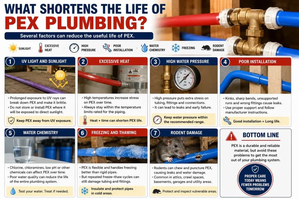 What shortens the life of PEX plumbing, including UV exposure, heat, high pressure, poor installation, freezing, and rodent damage
