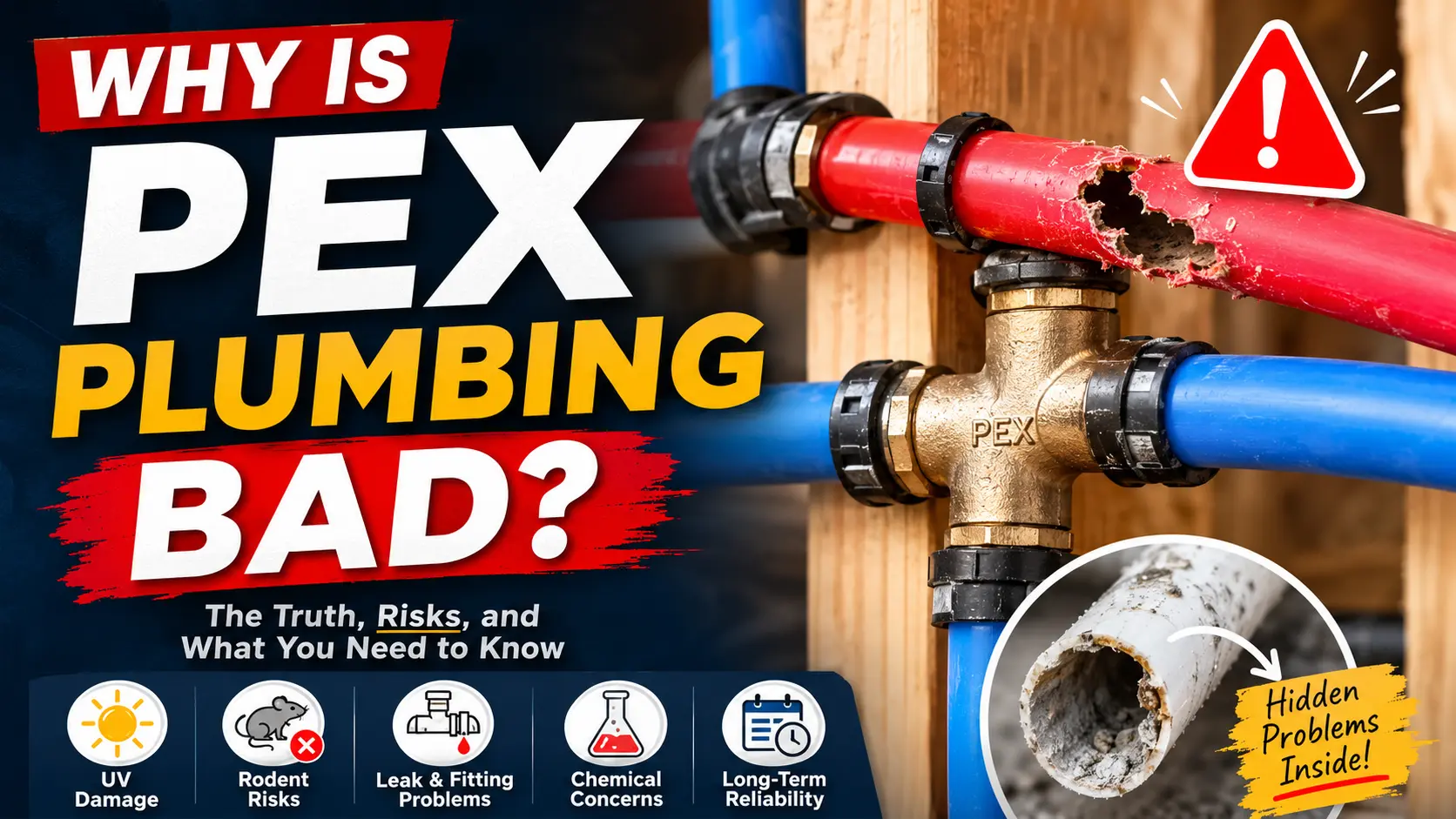PEX plumbing with damaged pipe showing common PEX plumbing problems and risks