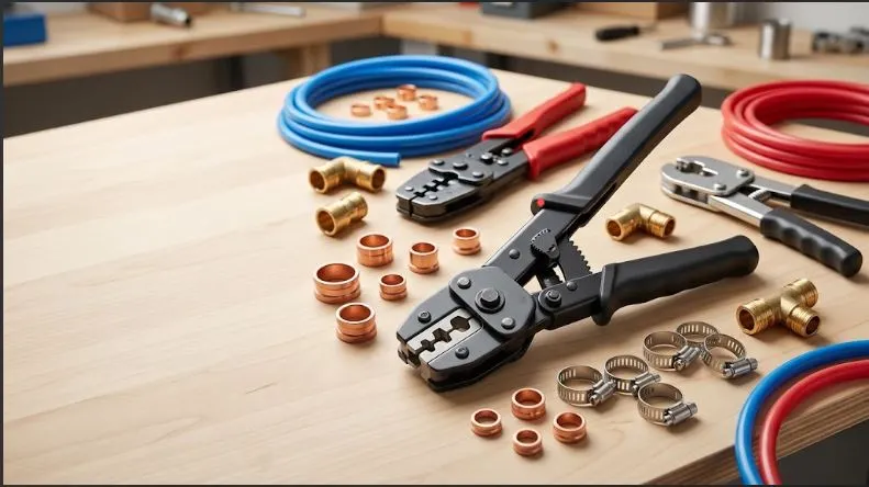 PEX crimping tools with red and blue PEX tubing and brass fittings on a workbench