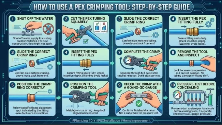 Comprehensive infographic guide on how to use a PEX crimping tool for home plumbing, from cutting tubing to final pressure testing. A detailed step-by-step tutorial.