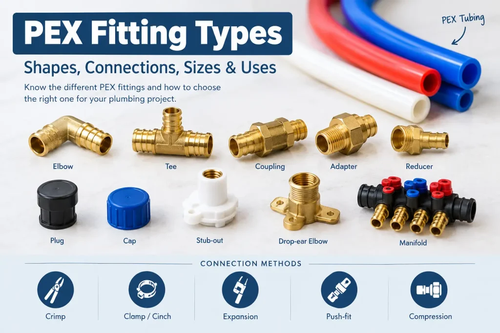 PEX fitting types including elbows, tees, couplings, adapters, reducers, and connection methods