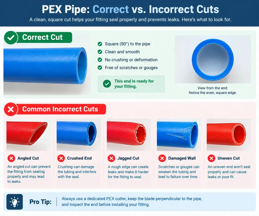Correct and incorrect PEX pipe cuts showing square, angled, crushed, jagged, and damaged ends
