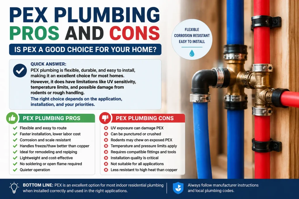 PEX plumbing pros and cons showing red and blue PEX tubing and fittings