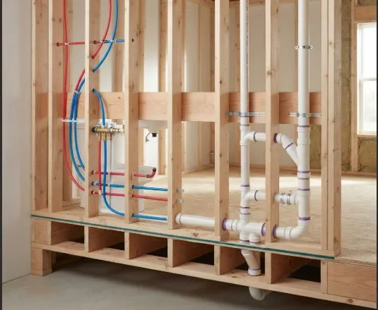 PEX water supply piping and PVC drain piping in a residential plumbing installation