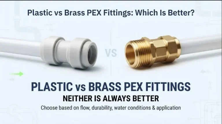 Comparison infographic of a grey engineered plastic PEX fitting and a gold brass PEX fitting, each connected to white PEX tubing, with text below reading 'Plastic vs Brass PEX Fittings: Neither is Always Better