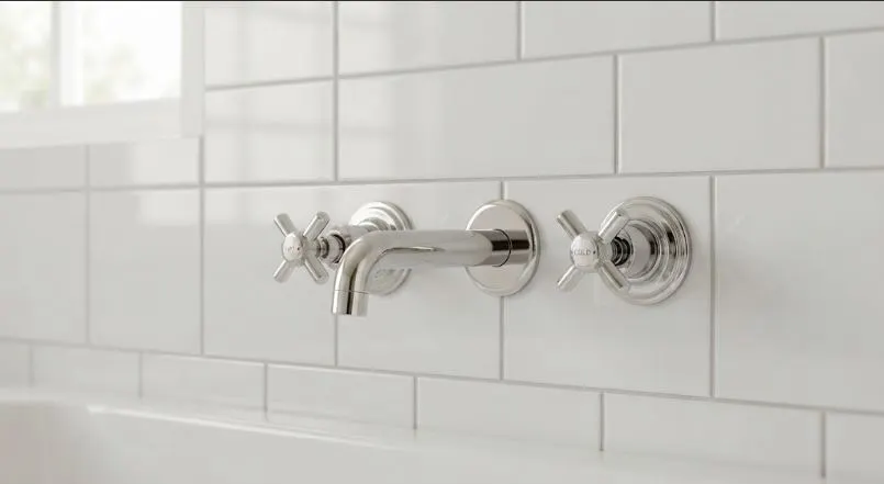 Wall-mounted chrome bathtub faucet with two cross handles and center spout