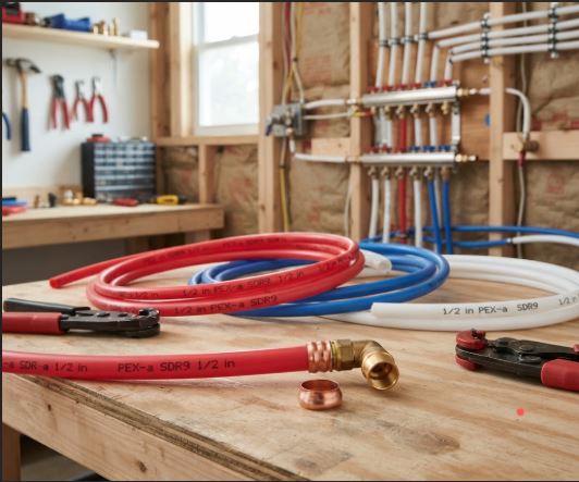 Red, blue, and white PEX pipe with plumbing fittings