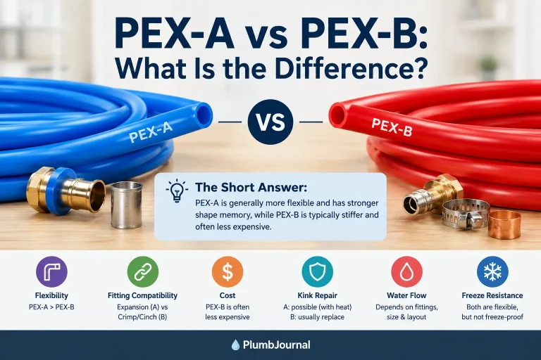 What is the difference between PEX-A and PEX-B showing flexibility, fittings, cost, and kink repair