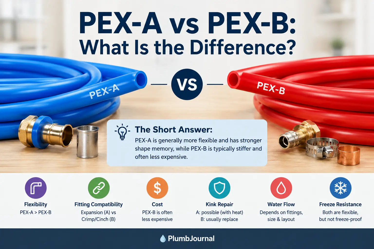 What is the difference between PEX-A and PEX-B showing flexibility, fittings, cost, and kink repair