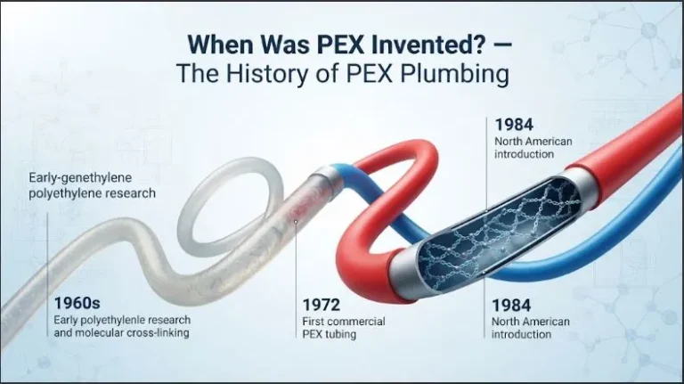 Historical illustration showing the development of PEX plumbing from cross-linked polyethylene to modern PEX tubing