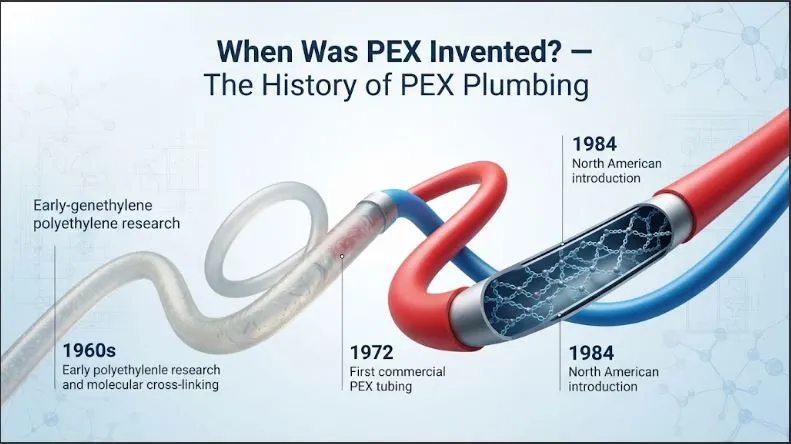 Historical illustration showing the development of PEX plumbing from cross-linked polyethylene to modern PEX tubing